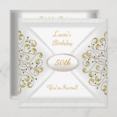 50歳エレガント誕生日パーティーホワイト金ゴールド 招待状 (正面/裏面)
