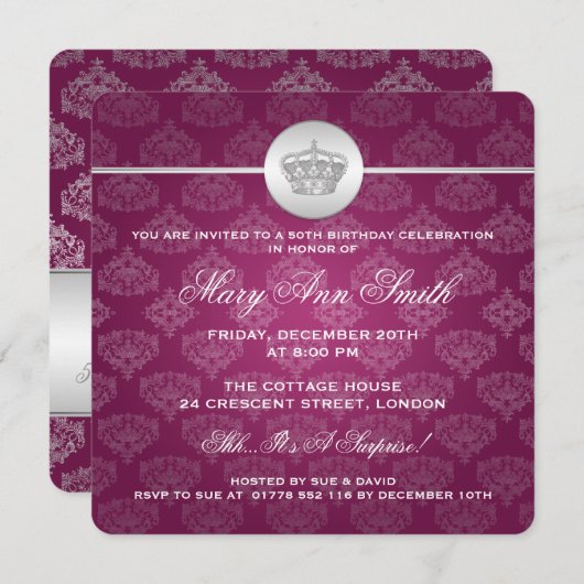 50歳エレガント誕生日パーティー王室のクラウンピンク 招待状 (正面/裏面)