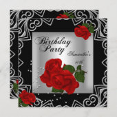 50歳エレガント誕生日パーティー赤ローズシルバーデコ 招待状 (正面/裏面)