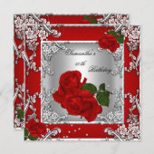 50歳エレガント誕生日パーティー赤ローズシルバー 招待状 (正面/裏面)