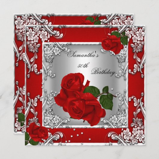 50歳エレガント誕生日パーティー赤ローズシルバー 招待状 (正面/裏面)