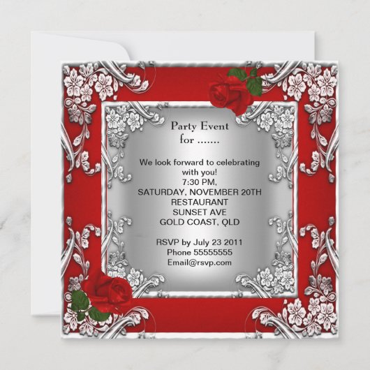 50歳エレガント誕生日パーティー赤ローズシルバー 招待状 (裏面)