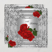 50歳エレガント誕生日パーティー赤ローズシルバー 招待状 (正面/裏面)