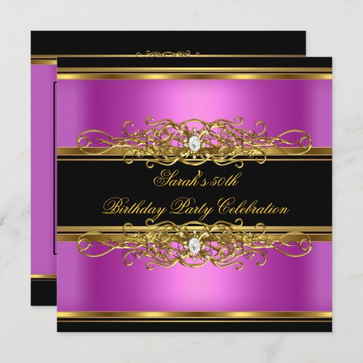 50歳エレガント誕生日パーティー金ゴールドピンクブラック 招待状 (正面/裏面)