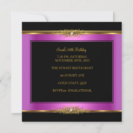 50歳エレガント誕生日パーティー金ゴールドピンクブラック 招待状 (裏面)