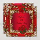 50歳エレガント誕生日パーティー金ゴールドレッドローズフローラ 招待状 (正面/裏面)