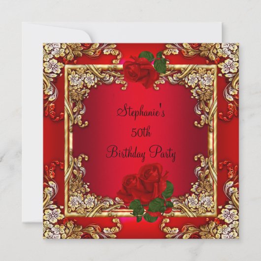50歳エレガント誕生日パーティー金ゴールドレッドローズフローラ 招待状 (正面)
