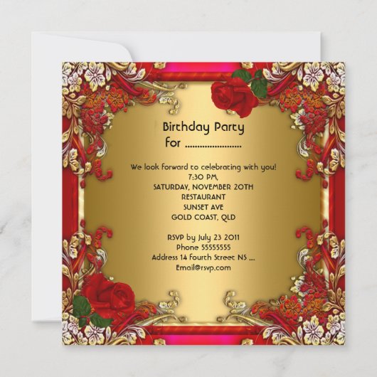 50歳エレガント誕生日パーティー金ゴールドレッドローズ 招待状 (裏面)