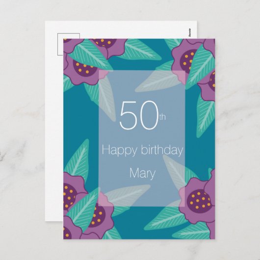50歳カスタムの誕生日フローラブルー名モダン シーズンポストカード (正面/裏面)