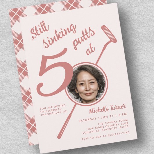 50歳ゴルフテーマ誕生日大人用パター写真ピンク色 招待状