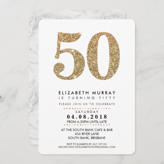50歳スタイリッシュ誕生日パーティー招待状金ゴールドグリッター50 招待状 (正面/裏面)