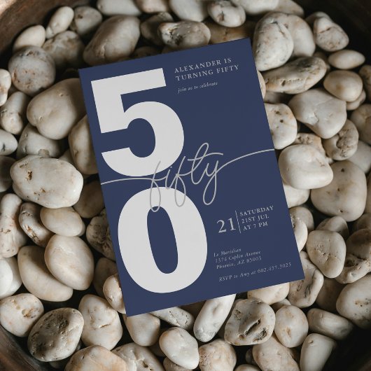 50歳ミニマルモダン誕生日パーティー海軍グレー 招待状