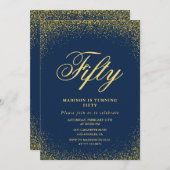 50歳モダンの誕生日の招待金ゴールドネイビーグリッター 招待状 (正面/裏面)
