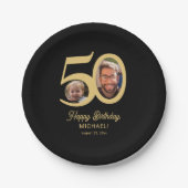50歳モダンの誕生日の黒い金ゴールド写真 ペーパープレート (正面)
