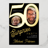 50歳モダンの誕生日パーティー黒金ゴールド写真 箔招待状 (正面)