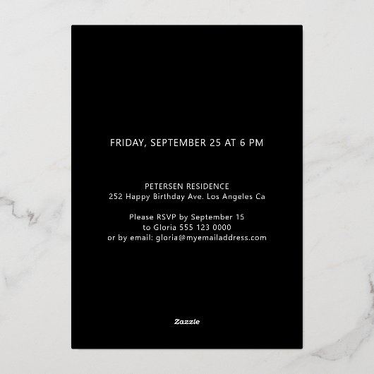50歳モダンの誕生日パーティー黒金ゴールド写真 箔招待状 (裏面)