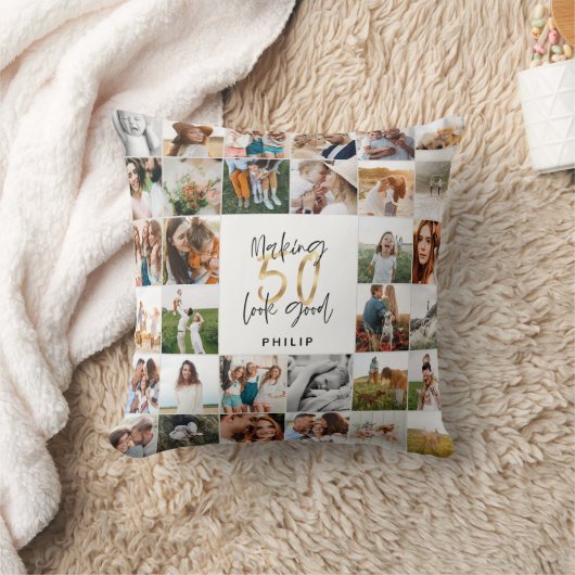 50歳モダンの誕生日数々の写真スクリプトのギフト投げ クッション (ブランケット)