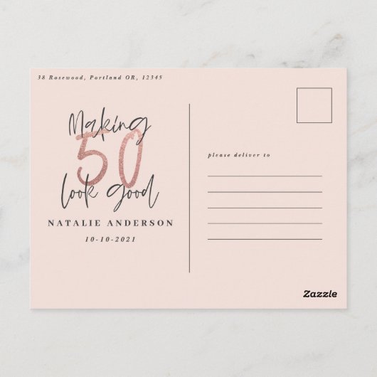 50歳モダン誕生日シックタイポグラフィバラ金ゴールド ポストカード (裏面)