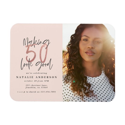 50歳モダン誕生日シックタイポグラフィバラ金ゴールド マグネット (横)