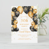 50歳モダン誕生日パーティー黒金ゴールドバルーン 招待状 (スタンド正面)