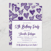 50歳招待状かわいいハート紫 招待状 (正面/裏面)