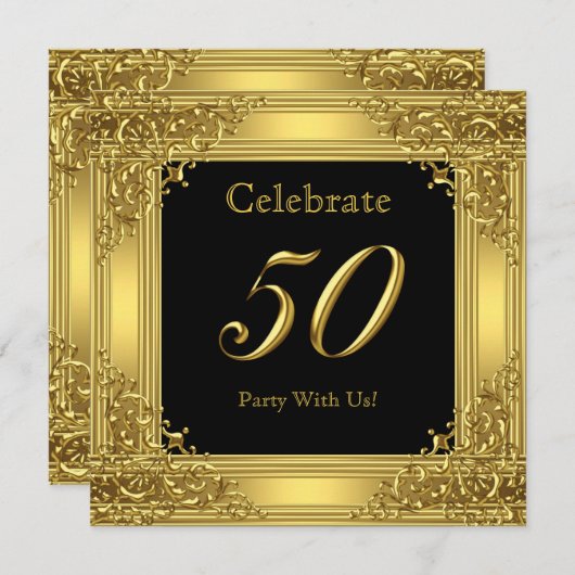 50歳祝生誕祭パーティー金ゴールドゴールデン50ブラック 招待状 (正面/裏面)