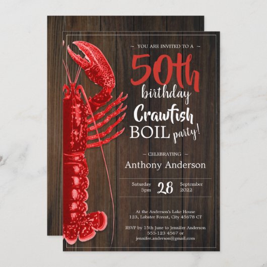 50歳素朴の誕生日パーティークロウフィッシュが赤いおもしろいを煮る 招待状 (正面/裏面)