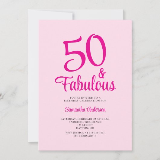 50歳誕生日おめでとう!ファビュラスなバラ色の50歳パーティー 招待状 (正面)