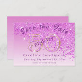 50歳誕生日にピンクのグリッターが降る セーブザデート (正面/裏面)