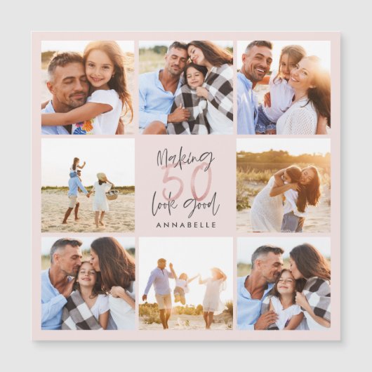 50歳誕生日のピンク色のガーリーグリッター磁気カード (正面)