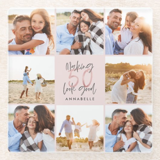 50歳誕生日のピンク色のグリッター写真ガーリーコラージュ ガラスコースター (正面)