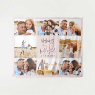 50歳誕生日のピンク色のグリッター写真ガーリーコラージュ タペストリー