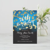 50歳誕生日パーティー金ゴールドグリッター青水彩 招待状 (スタンド正面)