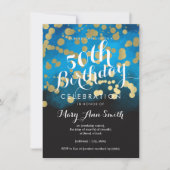 50歳誕生日パーティー金ゴールドグリッター青水彩 招待状 (正面)