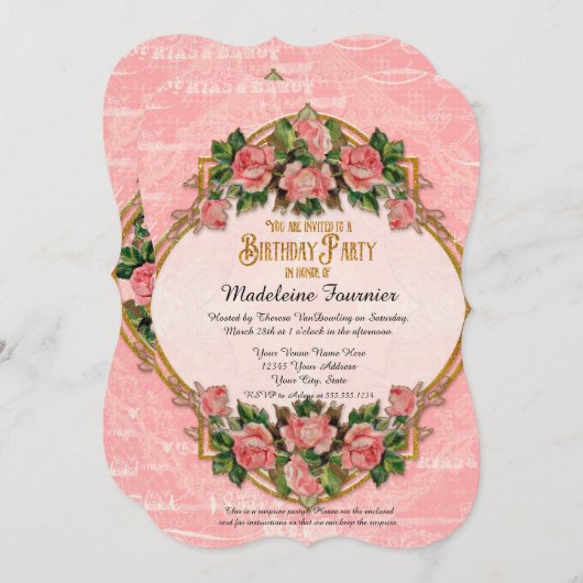 50歳誕生日パーティ金ゴールドグリッターヴィンテージバラ 招待状 (正面/裏面)