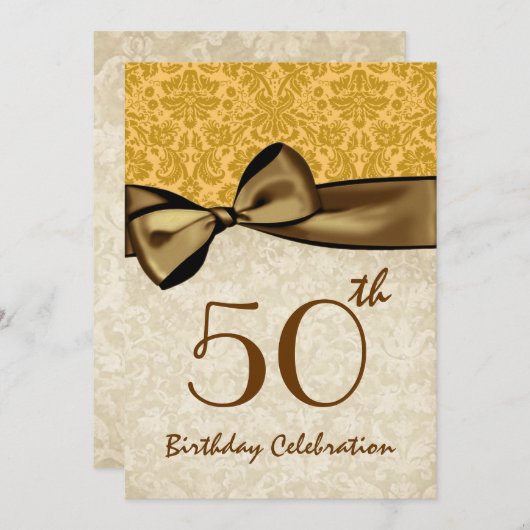 50歳誕生日パーティ金ゴールドダマスクBowテンプレートW844 招待状 (正面/裏面)