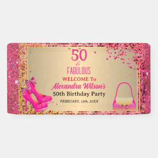 50歳 おめでとう ゴールド ホットピンク グリッター ゴージャス ハイヒール 横断幕