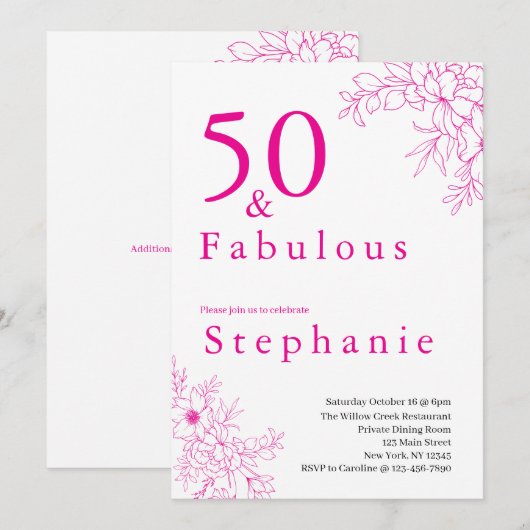 50歳 おめでとう!ピンクの50歳の誕生日パーティー 招待状 (正面/裏面)
