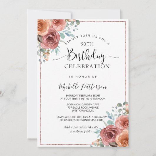 50歳(またはその他)の誕生日、ローズゴールド、ピーチ フラワル 招待状 (正面)