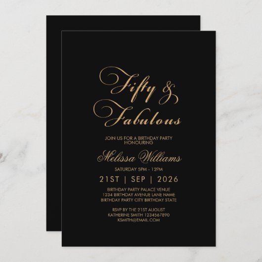 50歳 & ゴージャス ブラックゴールド エレガント 誕生日 招待状 (正面/裏面)