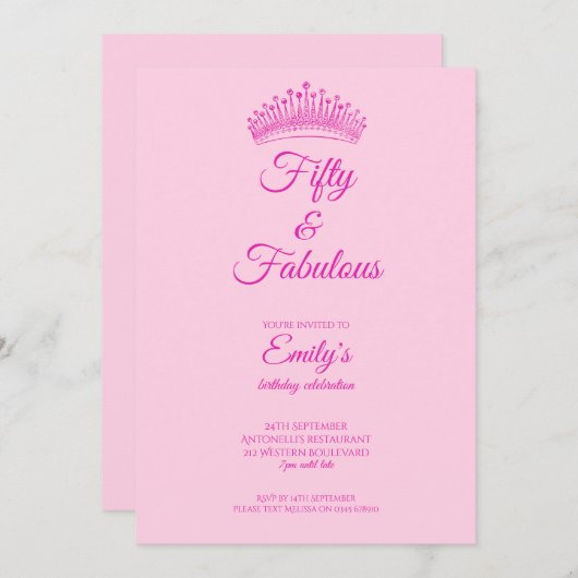 50歳 ファビュラス クラウンピンク 誕生日 招待状 (正面/裏面)
