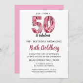 50歳 & ファビュラス ピンク ヒョウ柄 ブラシストローク 誕生日招待状 招待状 (正面/裏面)