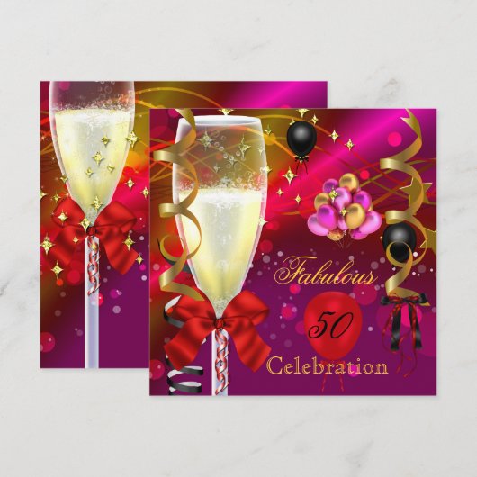 50歳 & ファビュラス ピンク レッド ゴールド ブラック バースデーパーティー 招待状 (正面/裏面)