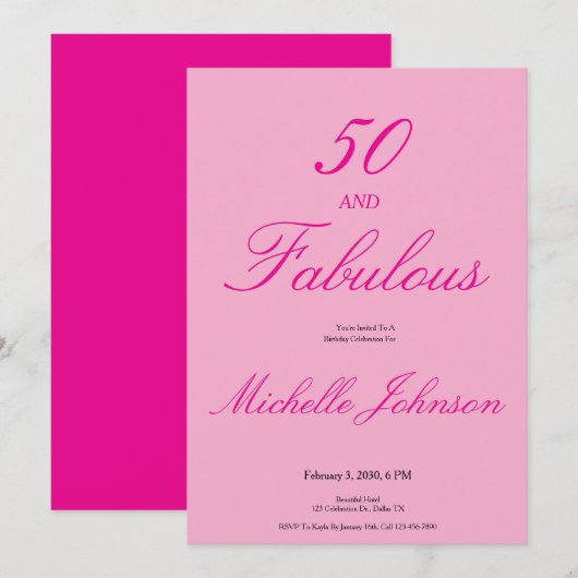 50歳 & ファビュラス ピンク 50歳の誕生日パーティー 招待状 (正面/裏面)