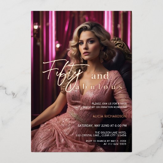 50歳&ファビュラス フォト ピンク ローズゴールド 箔招待状 (正面)