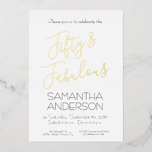 50歳 & ファビュラス ブラックエレガント 50歳の誕生日パーティー 箔招待状 (正面)
