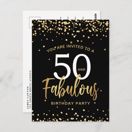 50歳 & ファビュラス ブラック & ゴールド 誕生日招待状 ポストカード (正面/裏面)