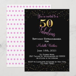 50歳 & ファビュラス 誕生日 ブラック ピンク ゴールド グリッター 招待状