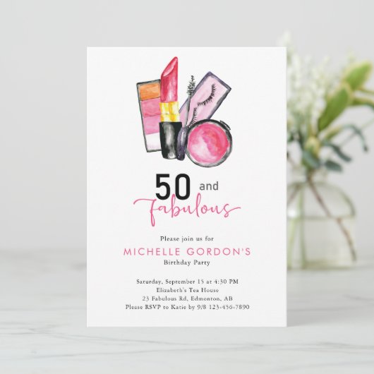 50歳 & ファビュラス 50歳の誕生日 コスメ ピンク ビューティ 招待状 (スタンド正面)