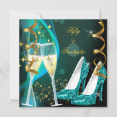50歳 & ファンタスティックなゴールドとターコイズのグリッターシューズ 招待状 (正面)